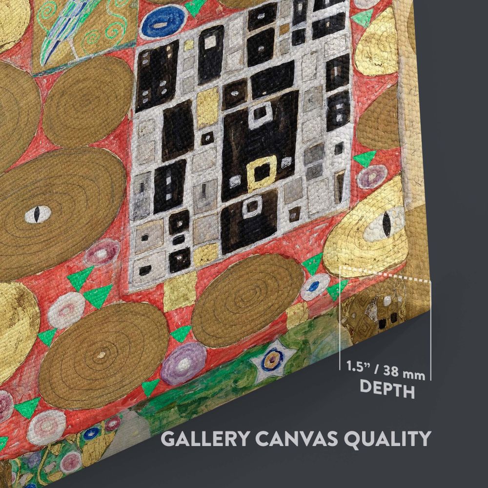 This wall canvas portrays Gustav Klimt's iconic Fulfillment painting from 1910-1911, highlighting a couple intertwined in an elegant embrace, surrounded by swirling golden motifs and vibrant geometric details, a masterpiece of Art Nouveau design.