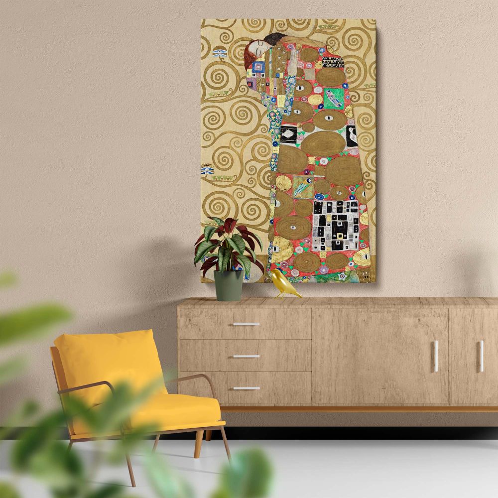 Fulfillment by Gustav Klimt, a breathtaking Art Nouveau painting showcasing swirling gold patterns and a passionate embrace, reflecting the painter's mastery of texture and symbolism, ideal as a stunning wall canvas for modern interiors.