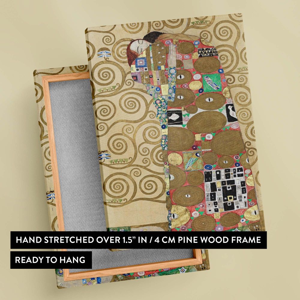 Gustav Klimt's Fulfillment wall art, showcasing the couple's golden embrace with ornamental swirls, vibrant shapes, and delicate detailing, an enchanting Art Nouveau creation perfect for elevating any art-inspired space.