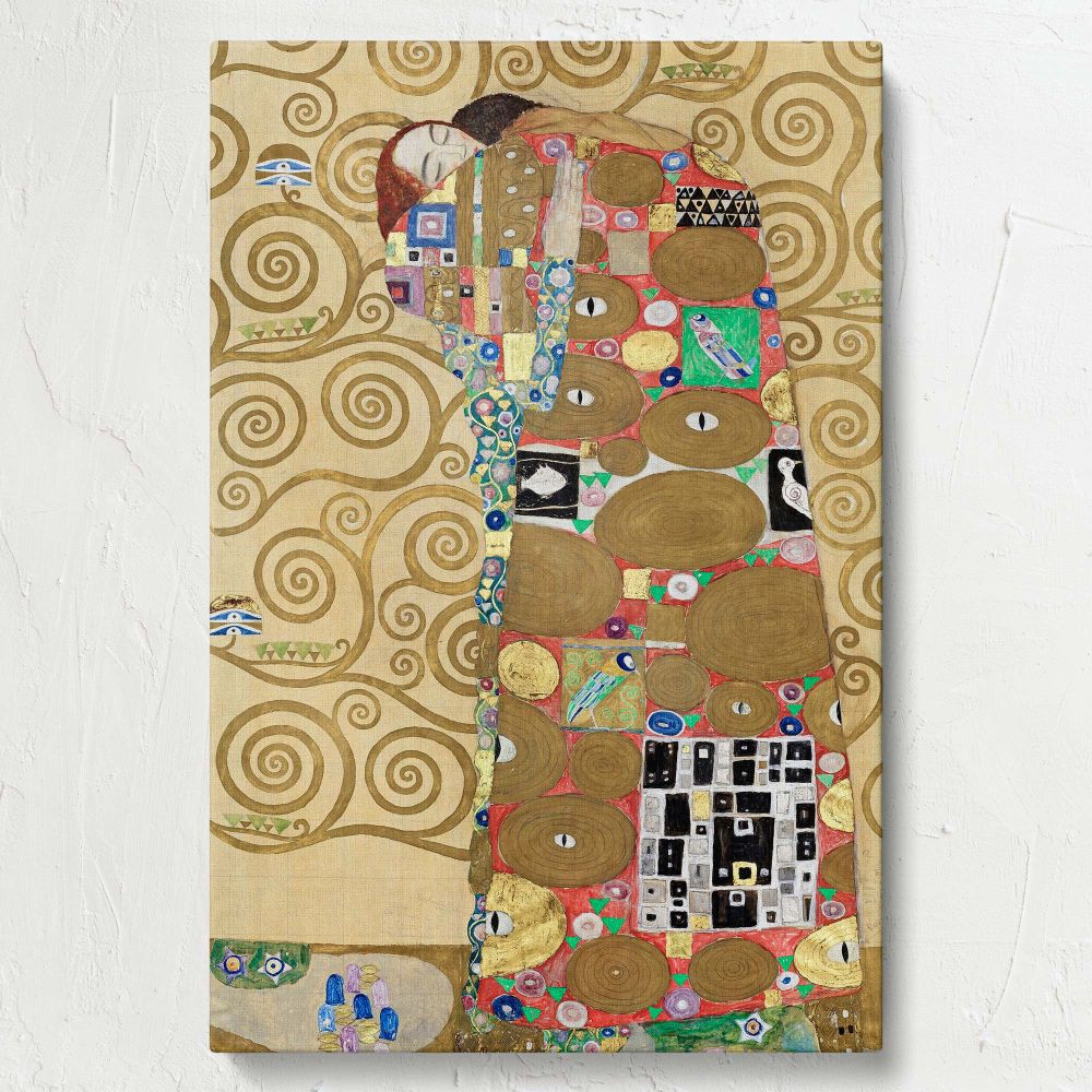 Stunning wall canvas of Fulfillment by Gustav Klimt, capturing the rich golden tones, intricate swirling patterns, and vivid geometric accents, portraying a couple's passionate embrace and Klimt's exceptional Art Nouveau artistry.