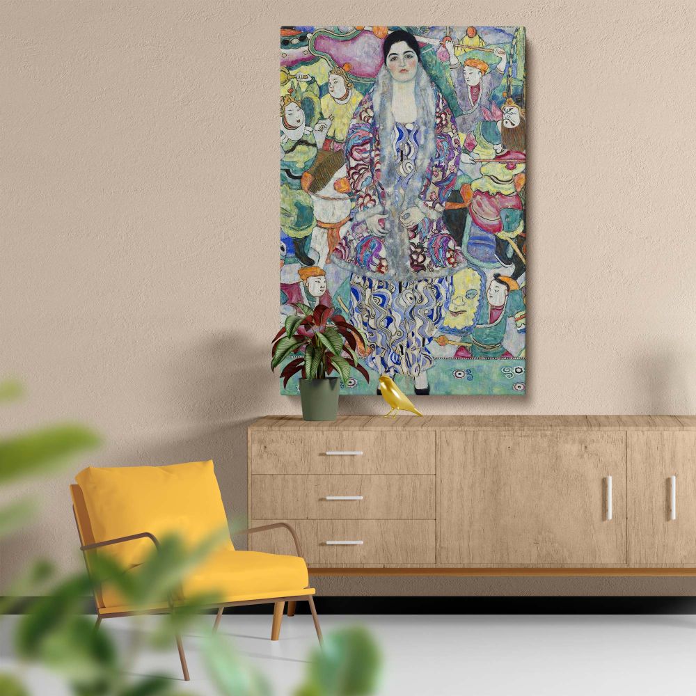 Vibrant and detailed, Gustav Klimt's 1916 Portrait of Friederike Maria Beer is a timeless art piece showcasing rich ornamentation and a symbolic narrative, reproduced here on a stunning wall canvas perfect for home or office d
