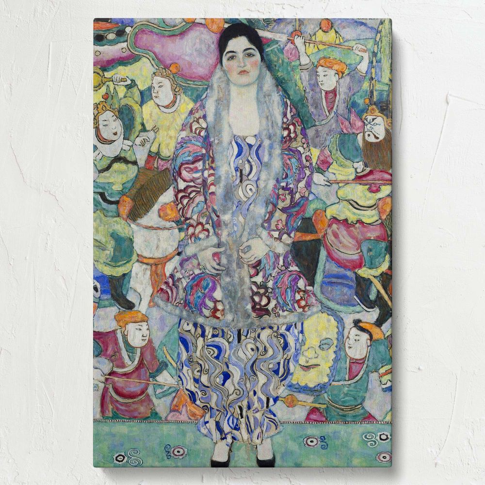 This Gustav Klimt masterpiece from 1916, featuring Friederike Maria Beer in vibrant garments surrounded by symbolic patterns, demonstrates his signature decorative style, offered as an elegant wall canvas for timeless artistic appreciation.
