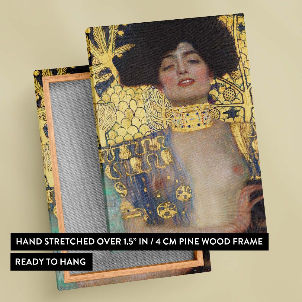 This Gustav Klimt painting, Judith and the Head of Holofernes (1901), presents a haunting yet beautiful biblical narrative, with rich gold detailing and symbolic depth, now available as a high-quality wall canvas for timeless d