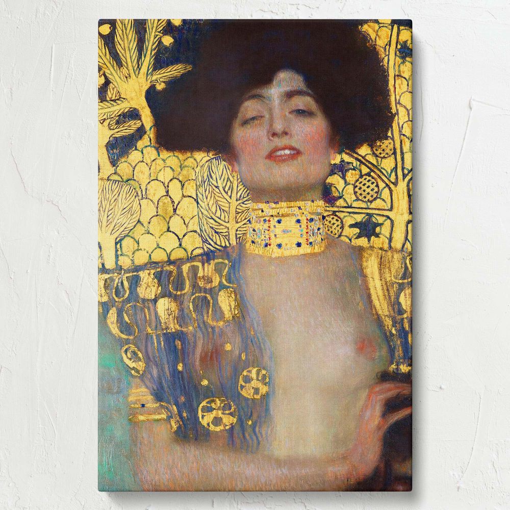 Klimt's 1901 depiction of Judith and the Head of Holofernes radiates artistic mastery with gold detailing, intricate ornamentation, and deep symbolism, reproduced as a luxurious wall canvas perfect for collectors and art lovers.