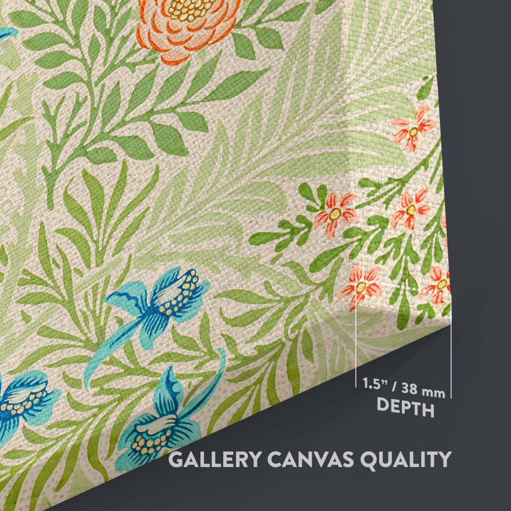 A detailed representation of William Morris's Larkspur design from 1874, with finely crafted floral patterns in green, blue, and pink hues, exuding Victorian charm and elegance, ideal for enhancing wall art, interior design, or artistic inspiration.