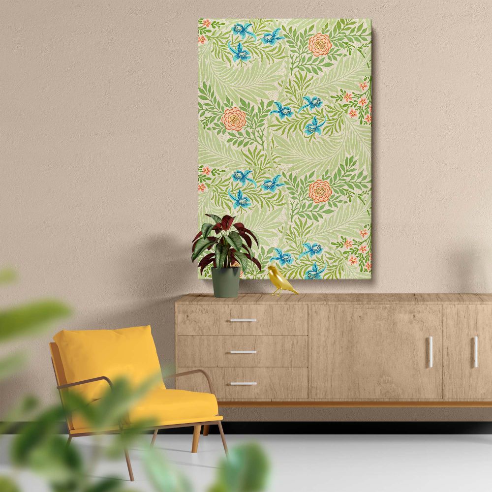 William Morris's botanical artistry in the 1874 Larkspur design, with its green leaves, vibrant blue flowers, and delicate pink blossoms, creates a harmonious and sophisticated pattern that elevates wall decor or adds timeless charm to interiors.