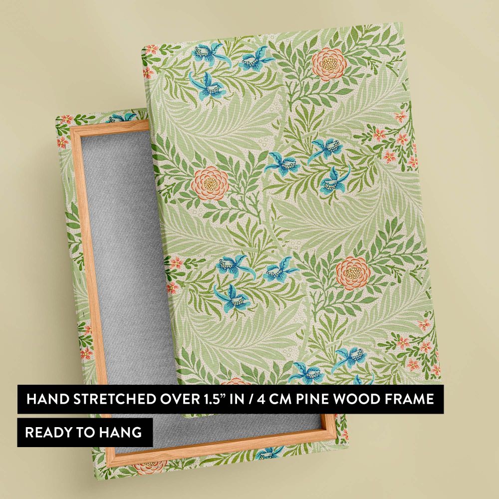 Timeless beauty captured in William Morris's Larkspur floral pattern from 1874, with intricate green foliage and bright blue blooms accented by soft peach details, ideal for vintage wall art or enhancing spaces with Victorian-style charm.