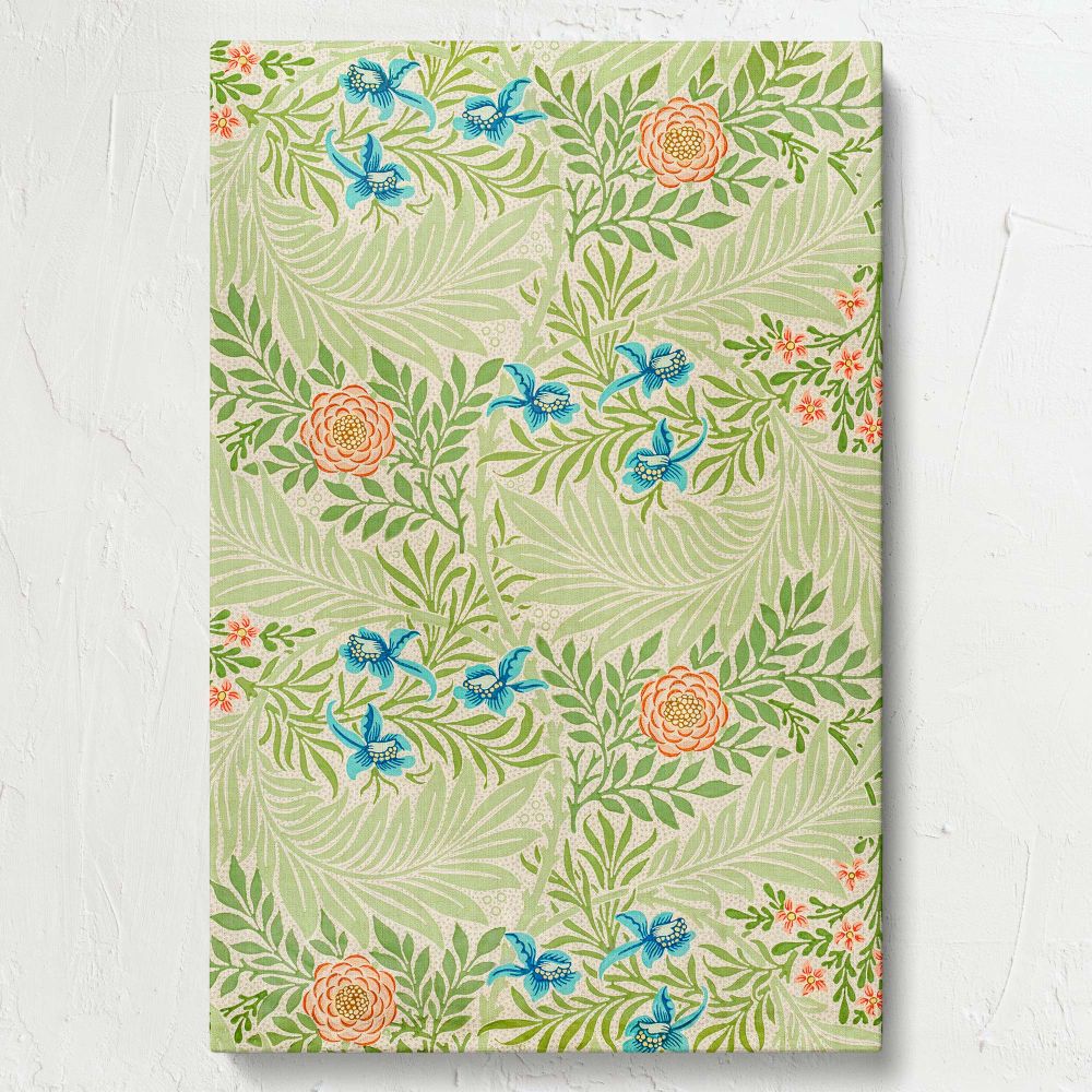 William Morris's 1874 Larkspur pattern, a classic Victorian design showcasing vibrant blue flowers, detailed green leaves, and soft pink blooms, offers a harmonious balance of elegance and artistry for wall canvas or botanical-themed interiors.