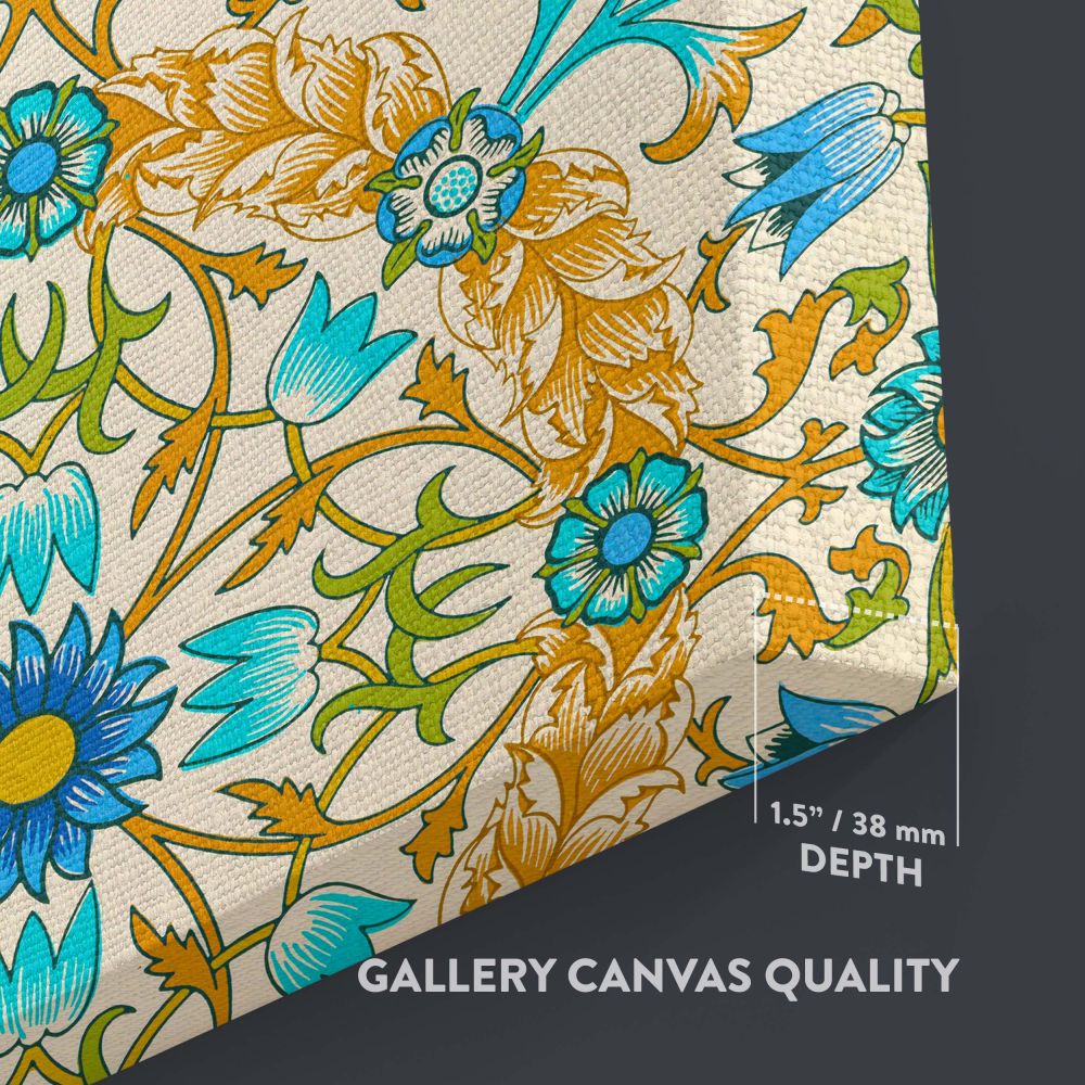 High-resolution artwork of William Morris's Vine 1873 pattern with swirling vines and flowers in vibrant blue, green, and gold tones, showcasing timeless beauty and creativity, ideal for lovers of classic design and traditional decorative art.
