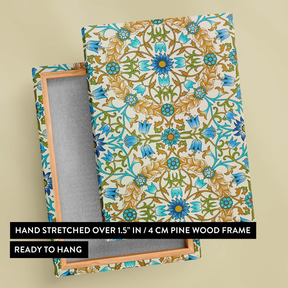 A detailed reproduction of William Morris's 1873 Vine pattern featuring floral and vine motifs in bold shades of blue, green, and gold, enhanced digitally for modern decor needs while preserving the iconic design's timeless charm.