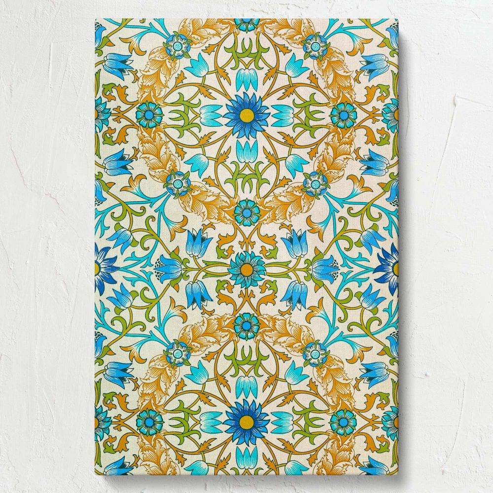 Captivating William Morris Vine 1873 pattern presented in digitally enhanced colors of blue, green, and gold, offering intricate floral and vine designs that exude sophistication and elegance, perfect for wall decor or artistic inspiration.