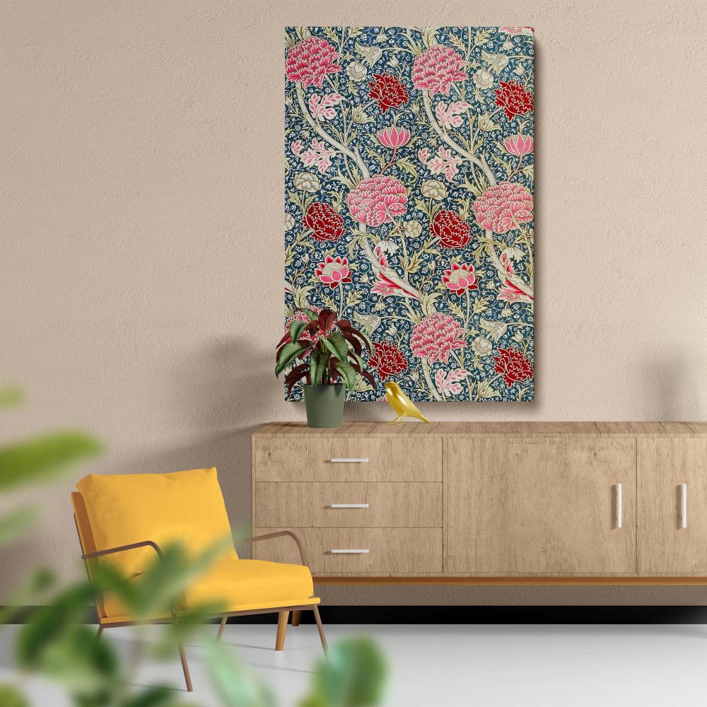 Stunning Cray floral composition by William Morris showcasing vivid pink and red flowers, delicate green leaves, and swirling vines on a deep blue canvas background, a luxurious choice for decorative or artistic purposes.