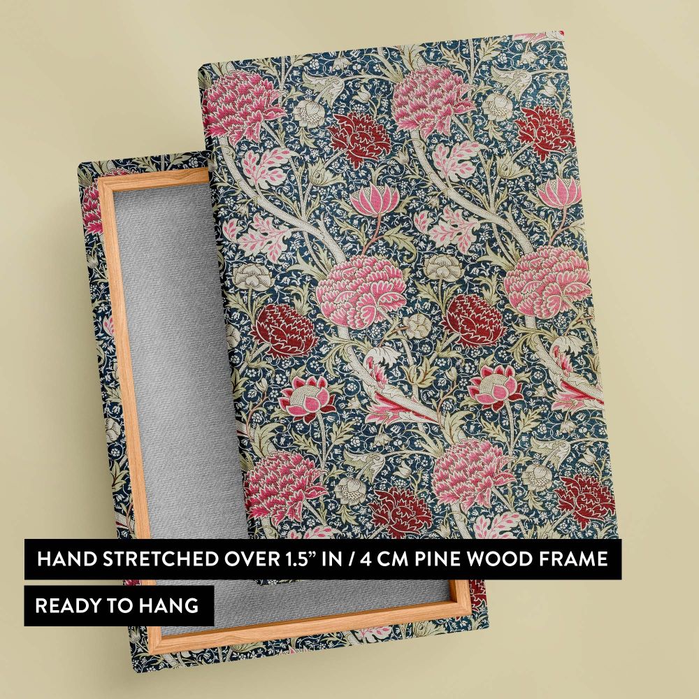 William Morris Cray artwork emphasizing botanical elegance with pink and red florals, cream details, and intertwining green vines on navy, embodying Arts and Crafts style for elegant wall canvas displays or textile inspiration.