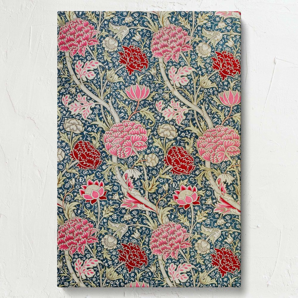 Timeless William Morris Cray pattern with rich pink and red blossoms, cream accents, and trailing green foliage set on a deep blue canvas, offering botanical sophistication perfect for wall art in modern or classic decor themes.