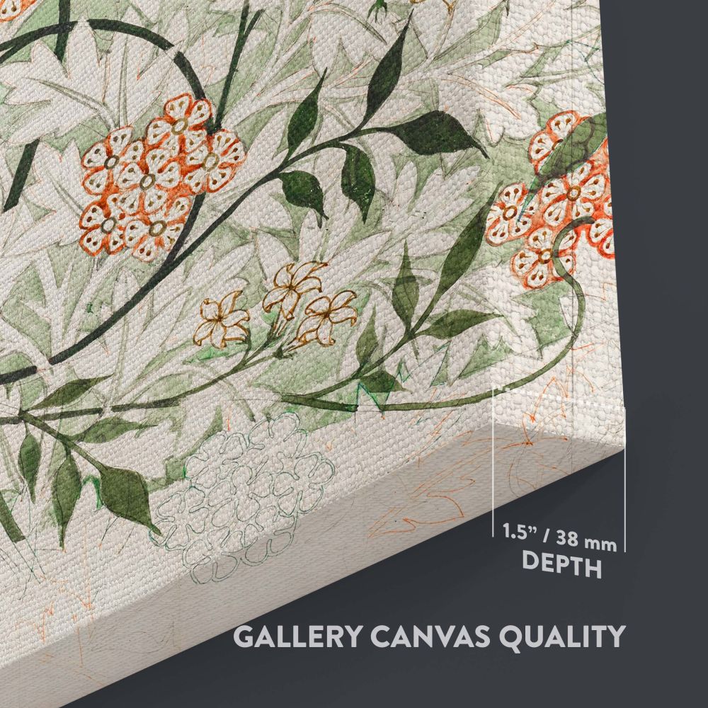 High-quality wall art canvas showcasing William Morris Jasmine design with intricate green vines and delicate orange flowers, ideal for creating a vintage-style focal point in living rooms, bedrooms, or offices with timeless sophistication.