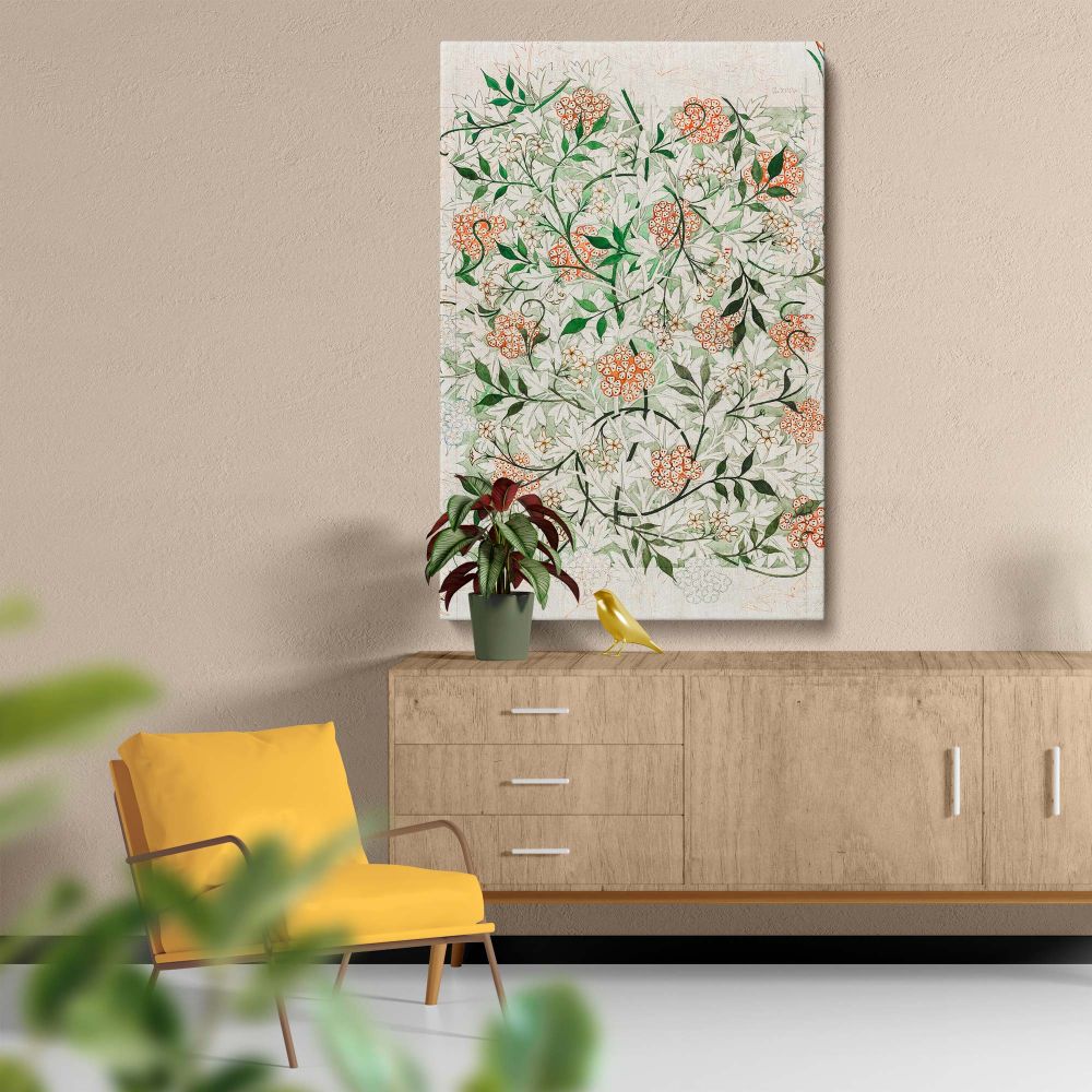 Arts and Crafts-inspired floral wall art canvas with William Morris Jasmine pattern, featuring vibrant green vines and orange flowers, designed to complement vintage, boho, or contemporary spaces with a sophisticated decorative touch.