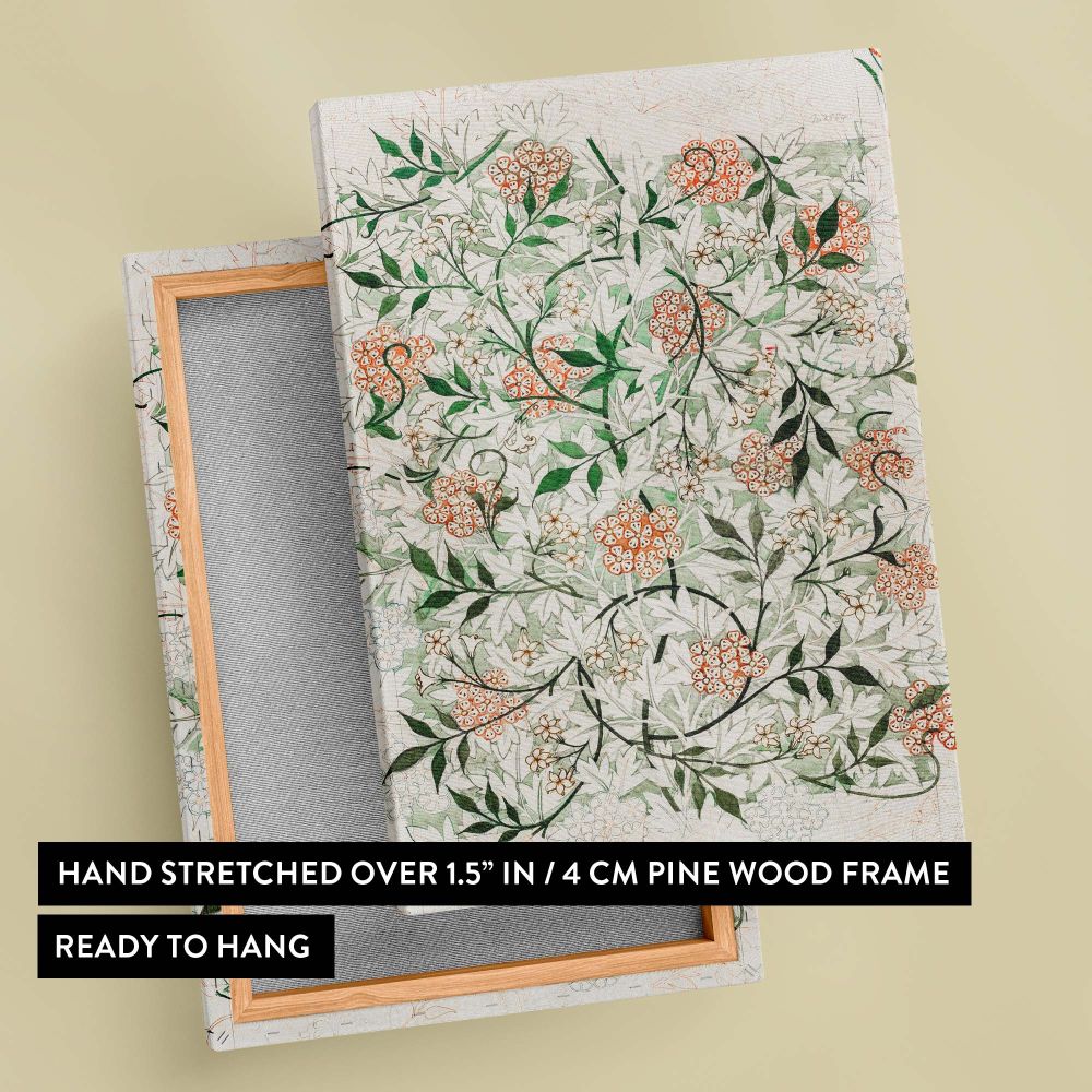 William Morris Jasmine canvas print with intricate floral details of green vines and orange flowers, offering an artistic and nature-inspired design perfect for creating a serene ambiance in bedrooms, living rooms, or offices.