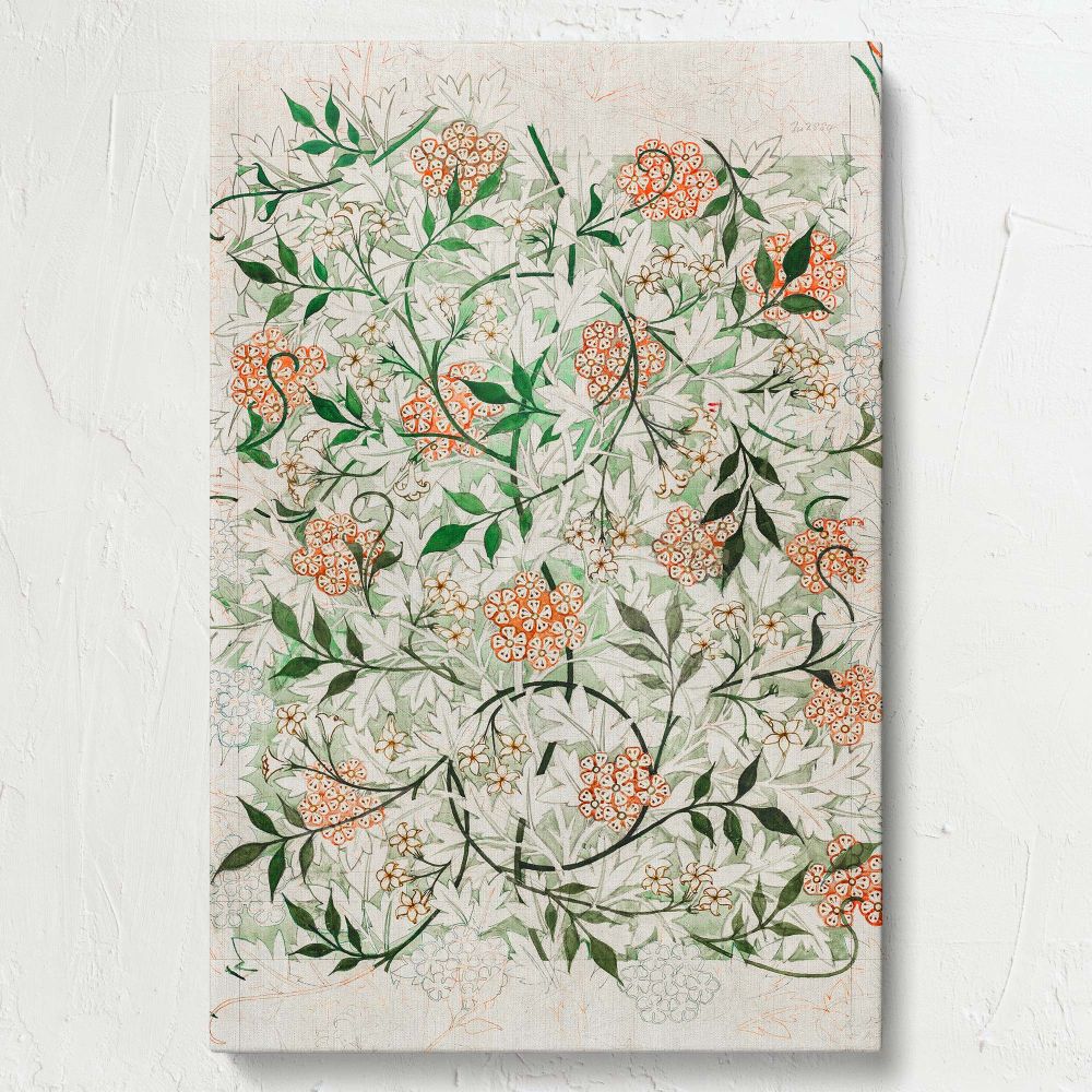 Jasmine wall art inspired by William Morris, featuring a beautiful pattern of green vines and orange flowers on a durable canvas, adding timeless elegance to interiors with a botanical and vintage Arts and Crafts movement aesthetic.