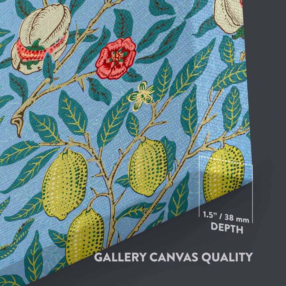 Arts and Crafts-inspired wall art featuring William Morris's Four Fruits design with intricate citrus fruits, pomegranates, and floral details on a blue canvas, ideal for adding a sophisticated vintage charm to kitchens, dining rooms, or living spaces.
