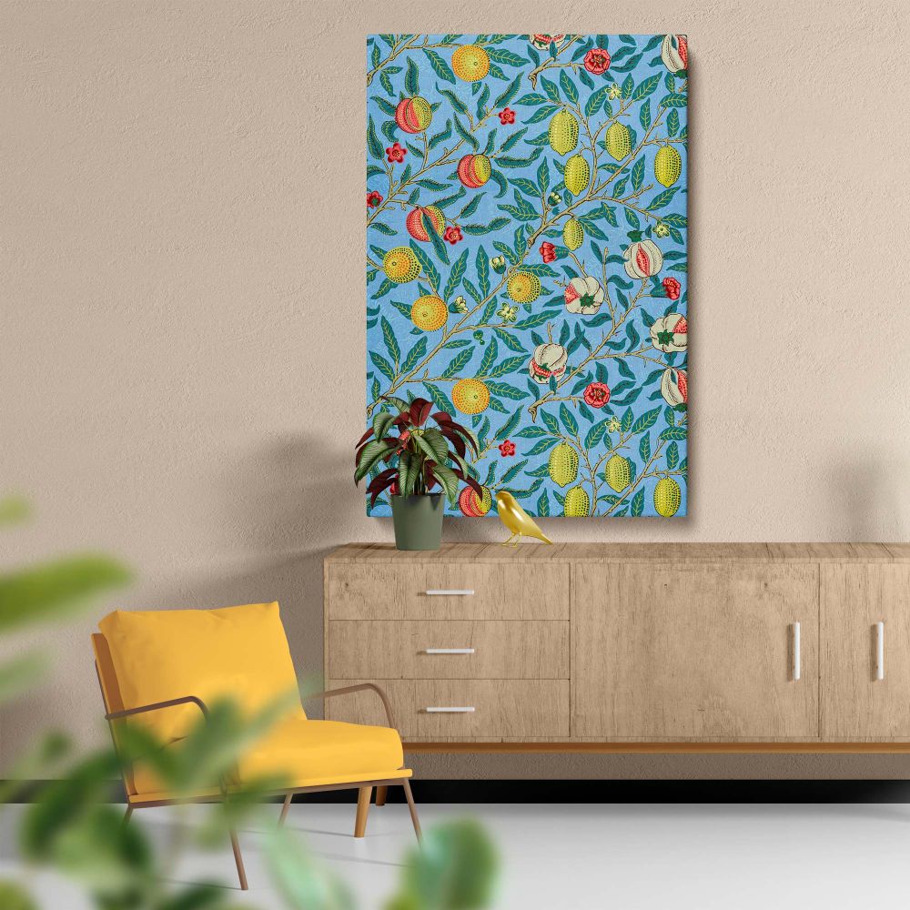 William Morris Four Fruits canvas print with detailed botanical design showcasing citrus fruits, pomegranates, and florals, set against a vivid blue background, ideal for enhancing kitchens, dining rooms, or any nature-inspired space with elegance.