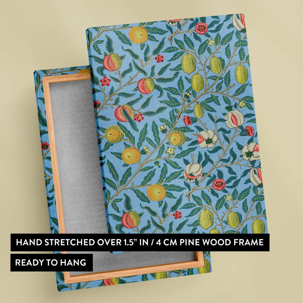 Timeless wall art inspired by William Morris's Four Fruits pattern, featuring lush green leaves intertwined with bright citrus fruits, pomegranates, and delicate flowers, adding an artistic touch to vintage or contemporary interiors.