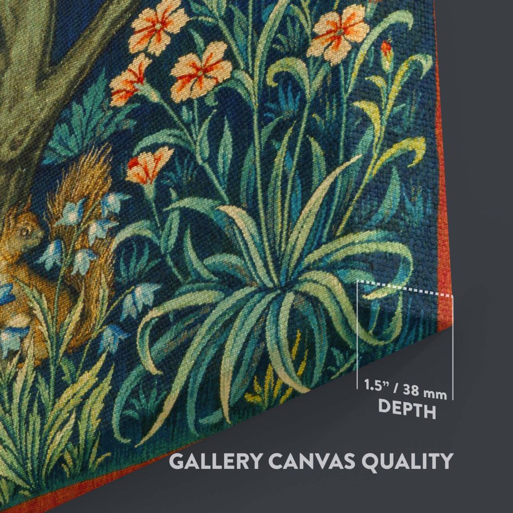 Cock Pheasant wall art canvas with intricate wildlife details, including a bird, squirrel, lush greenery, and wildflowers in vibrant colors, designed to bring timeless elegance and nature-inspired beauty to home or office decor.