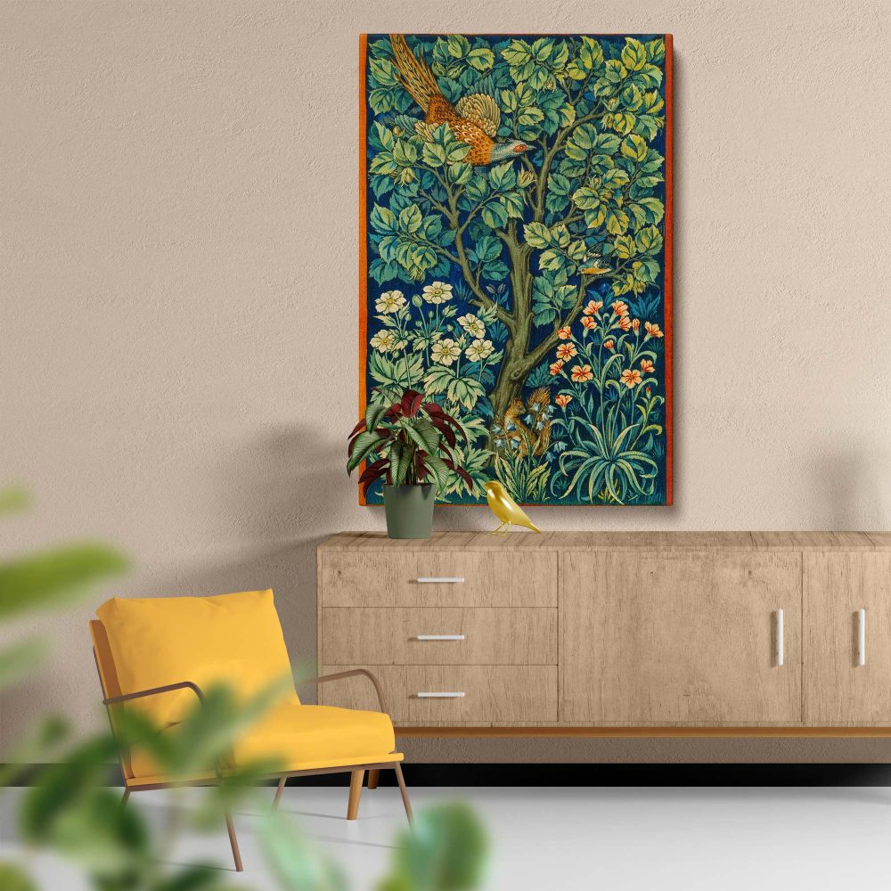 Stunning wall art canvas featuring William Morris Cock Pheasant design with a detailed pheasant, squirrel, and colorful wildflowers, creating a nature-inspired aesthetic for vintage-style home interiors or office spaces.