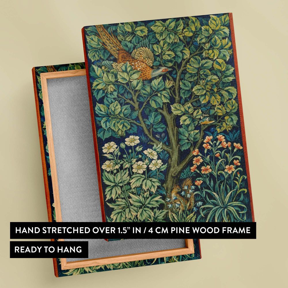 Arts and Crafts-style wall art inspired by William Morris, showcasing a pheasant perched in a tree surrounded by green foliage and vibrant flowers, ideal for adding artistic and nature-themed decor to living rooms or bedrooms.