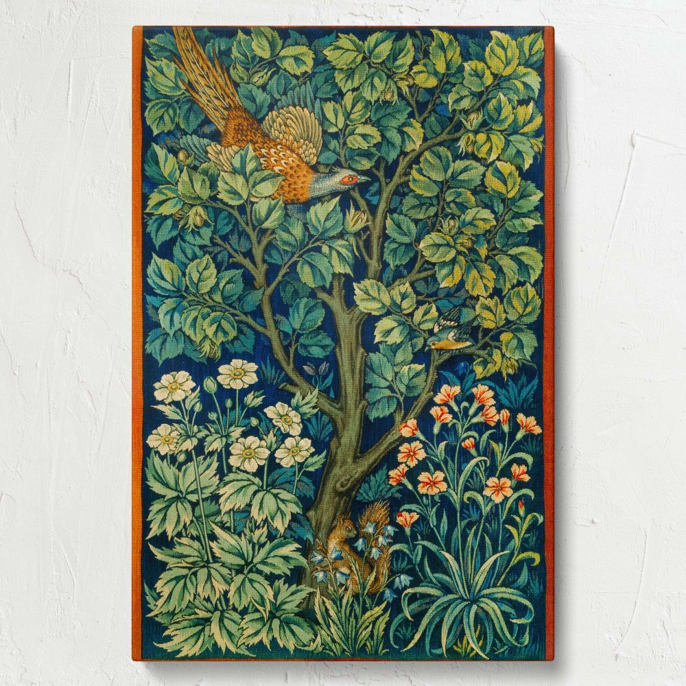 Elegant Cock Pheasant wall art canvas depicting a bird, flowers, and a squirrel among lush greenery, inspired by William Morris and John Henry Dearle, perfect for adding timeless sophistication and charm to home or office spaces.