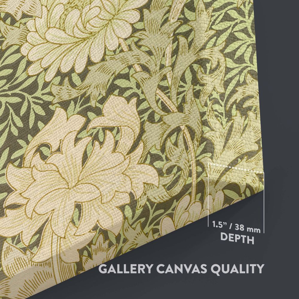 Elegant floral canvas print featuring William Morris Chrysanthemum design with soft cream chrysanthemums and intricate green foliage, ideal for enhancing home decor with a blend of timeless sophistication and nature-inspired artistry.