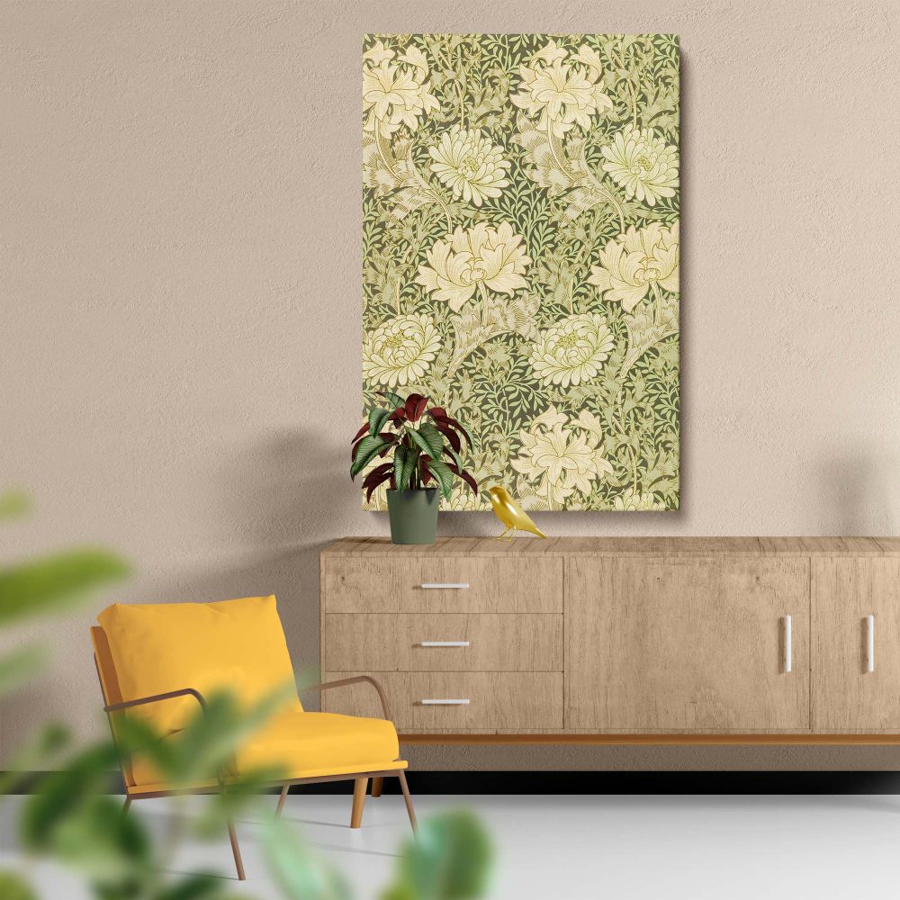 William Morris-inspired Chrysanthemum wall art canvas with cream flowers and intricate green foliage, crafted to add a vintage touch and historic elegance to home interiors while celebrating the Arts and Crafts movement's beauty.