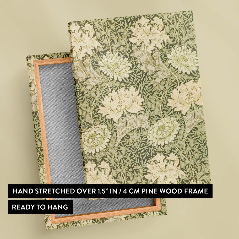 High-quality Chrysanthemum pattern canvas featuring cream chrysanthemums set against a background of detailed green foliage, inspired by William Morris and perfect for elevating nature-themed or traditional home decor.