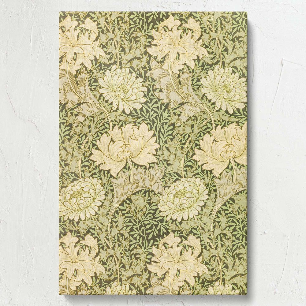 Botanical-themed wall art canvas featuring William Morris Chrysanthemum pattern with intricate floral details in soft cream and natural green tones, perfect for creating a refined and elegant decor style in living rooms or offices.