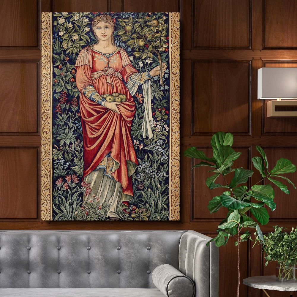 Pamona wall art canvas showcasing the Roman goddess of fruit in a red gown holding apples, surrounded by lush green foliage and intricate floral patterns, inspired by the iconic 1882 tapestry design by Edward Burne-Jones and John Henry Dearle.