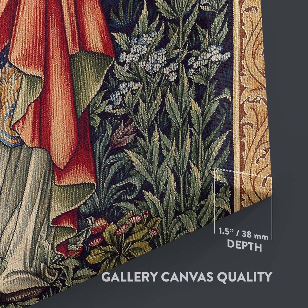 Artistic Pamona wall canvas featuring a detailed depiction of the Roman goddess of fruit in a red gown, set against a lush backdrop of greenery, flowers, and intricate gold borders, inspired by Edward Burne-Jones and John Henry Dearle's 1882 masterpiece.