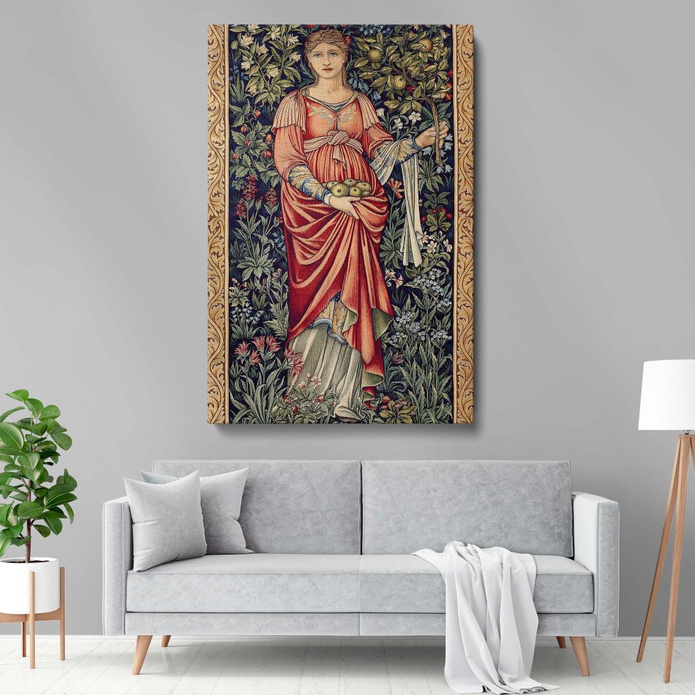 Pamona tapestry-inspired wall art featuring the Roman goddess holding apples, surrounded by richly detailed floral motifs and lush greenery, combining vibrant red, gold, and green tones in a design by Edward Burne-Jones and John Henry Dearle.