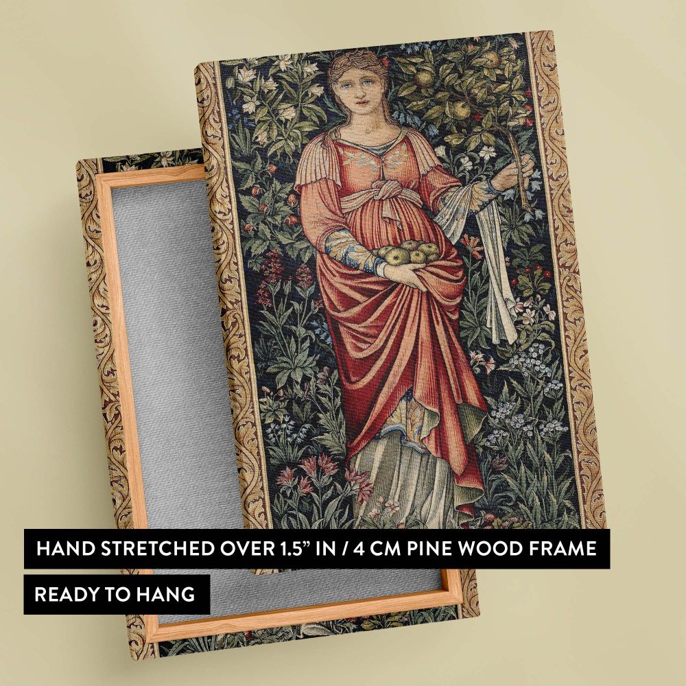 Edward Burne-Jones and John Henry Dearle's Pamona wall art canvas showcasing a Roman goddess in a red dress with apples, framed by intricate floral patterns and golden borders, perfect for adding vintage elegance and historic charm to interiors.