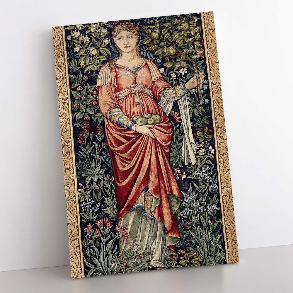 Vintage-inspired Pamona wall art featuring the Roman goddess of fruit in a flowing red gown holding apples, surrounded by a detailed floral tapestry-style design in vibrant red, green, and gold tones, crafted by Burne-Jones and Dearle.