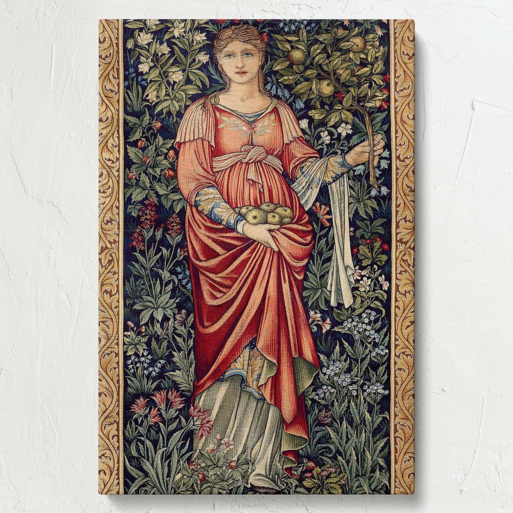 Elegant wall art canvas depicting Pamona, the Roman goddess of fruit, holding apples in a tapestry-style design featuring lush greenery, floral patterns, and intricate golden borders, inspired by Burne-Jones and Dearle's Arts and Crafts masterpiece.