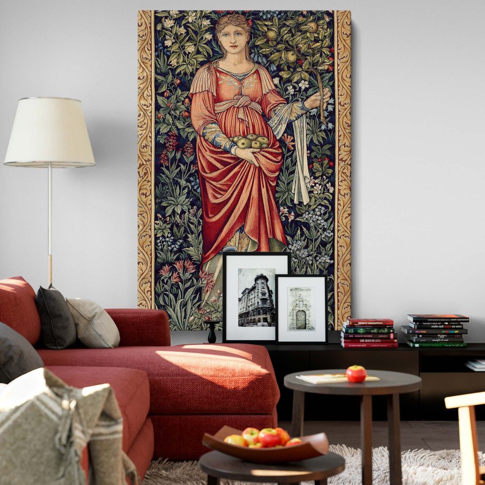 Artistic wall decor featuring Pamona, the goddess of fruit, dressed in a flowing red gown holding apples, surrounded by richly detailed floral and leafy patterns in green and gold, inspired by Edward Burne-Jones and John Henry Dearle's 1882 tapestry.