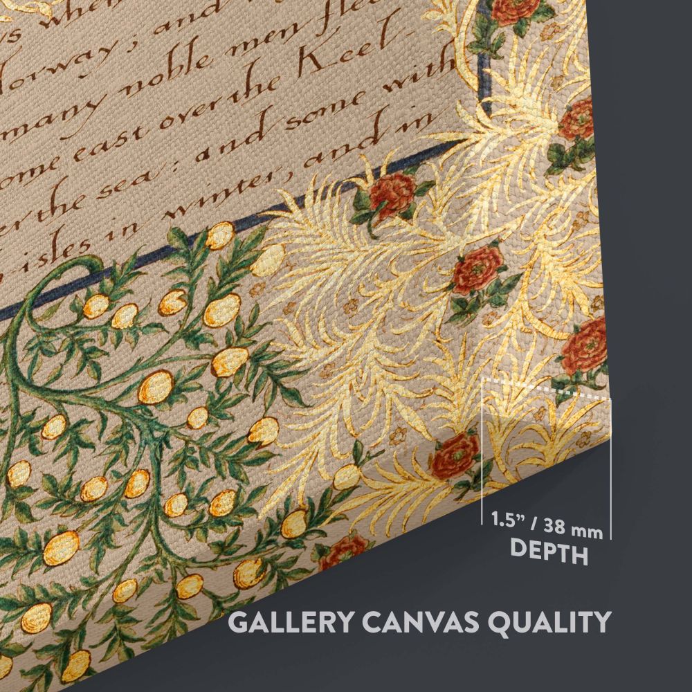 Ornate wall art canvas showcasing William Morris's historic text The Story of the Dwellers at Eyr with a beautifully detailed floral border in vibrant green, red, and gold tones, adding timeless charm to libraries, studies, or classic interiors.