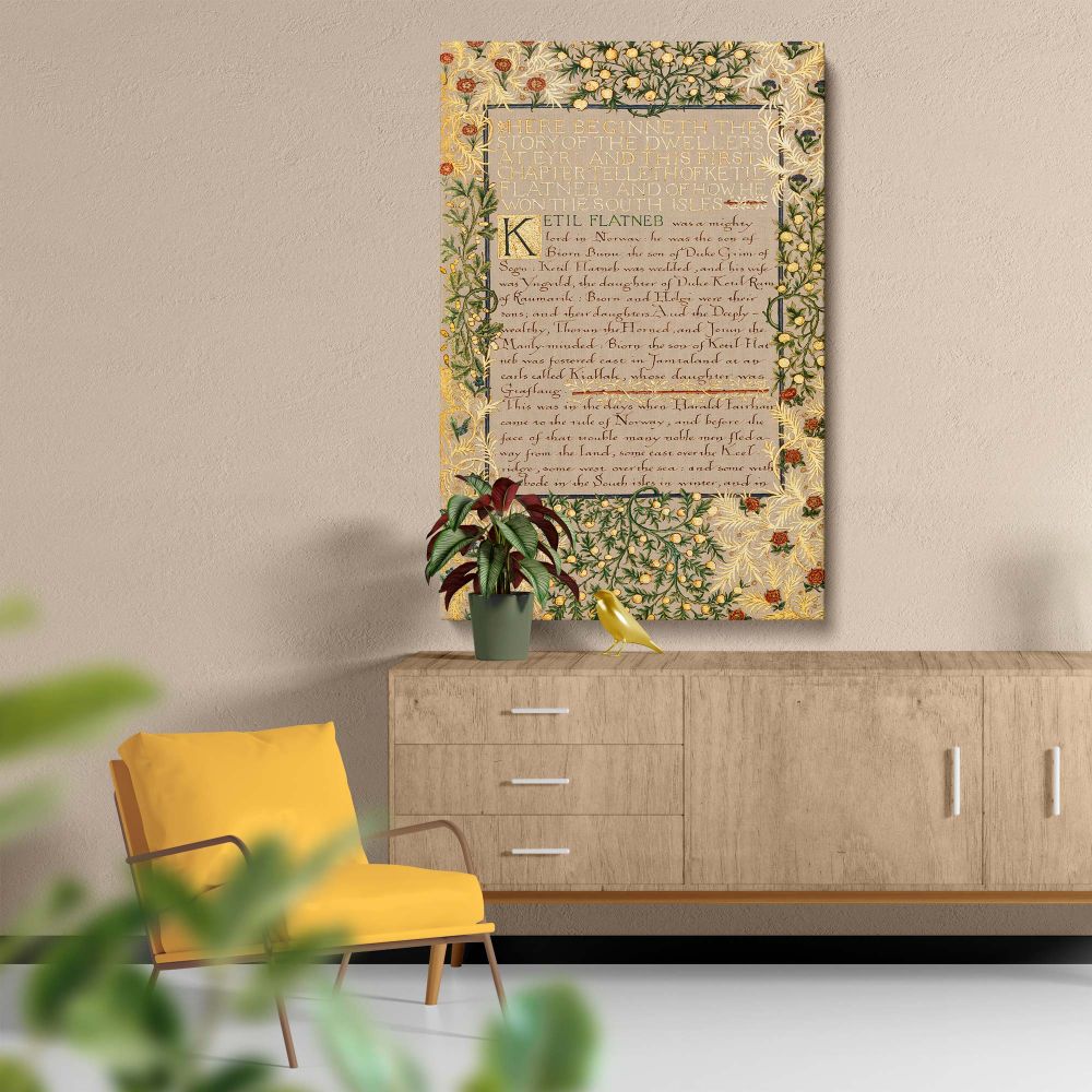The Story of the Dwellers at Eyr wall art canvas with William Morris's detailed calligraphy and ornate floral frame featuring blooming roses and gold highlights, adding a touch of historic and artistic sophistication to any living room or office.