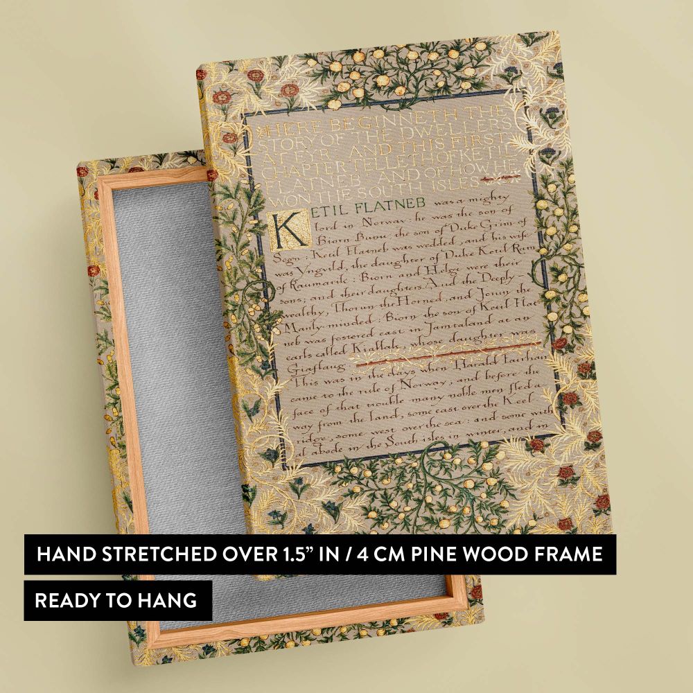 Beautifully crafted William Morris-inspired wall art featuring The Story of the Dwellers at Eyr with intricate calligraphy framed by lush floral designs in red and green tones, ideal for creating a vintage focal point in a study or living space.