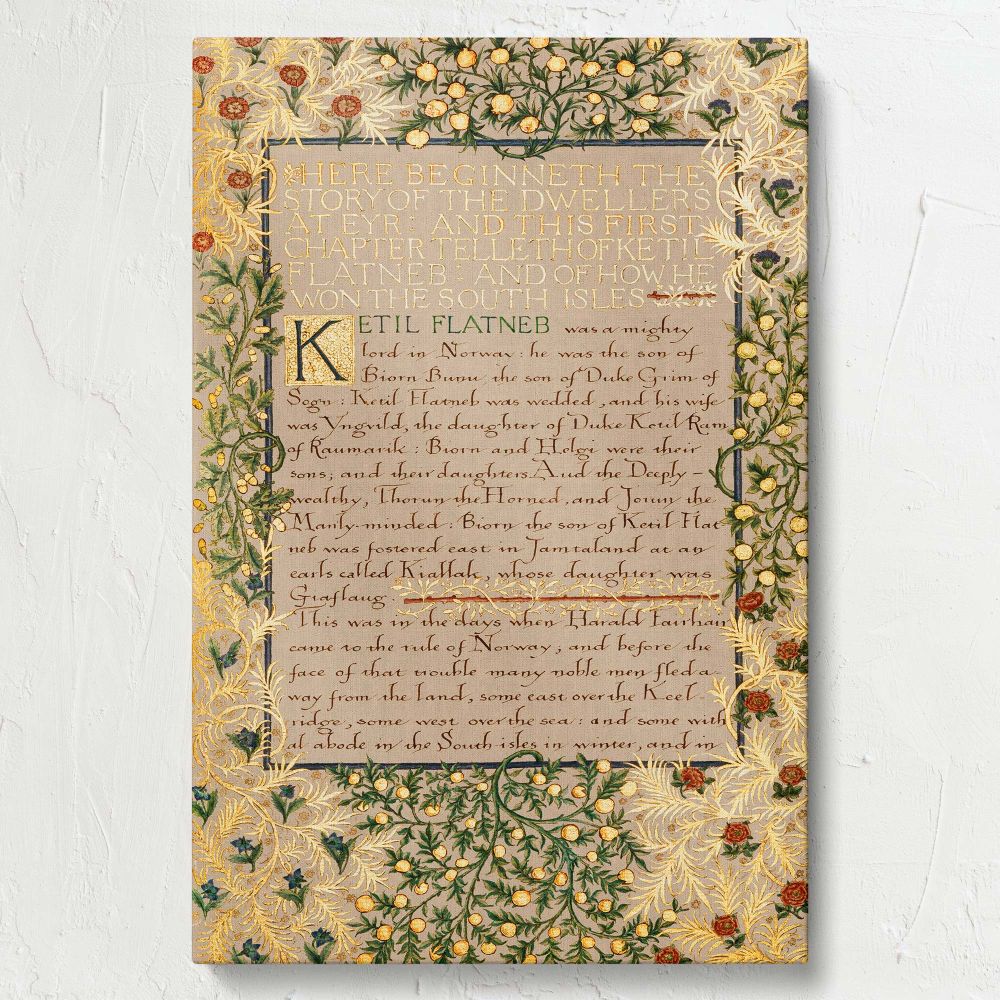 Timeless wall art canvas showcasing The Story of the Dwellers at Eyr by William Morris with a richly detailed floral border including roses and golden foliage, bringing historic artistry and elegance to libraries, bedrooms, or offices.