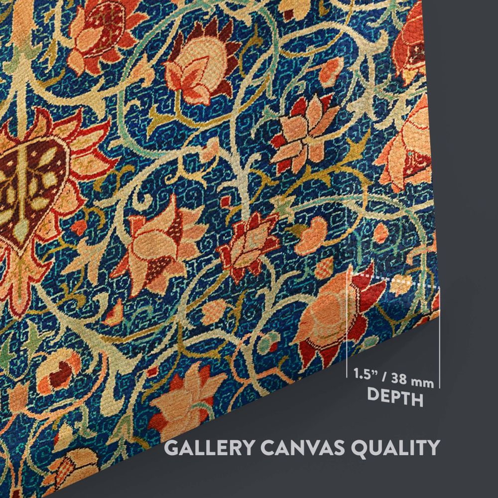 William Morris Holland Park Carpet-inspired wall art featuring elaborate botanical details, intricate design symmetry, and vibrant color contrasts, a masterpiece that blends traditional craftsmanship with modern interior aesthetics for timeless appeal.