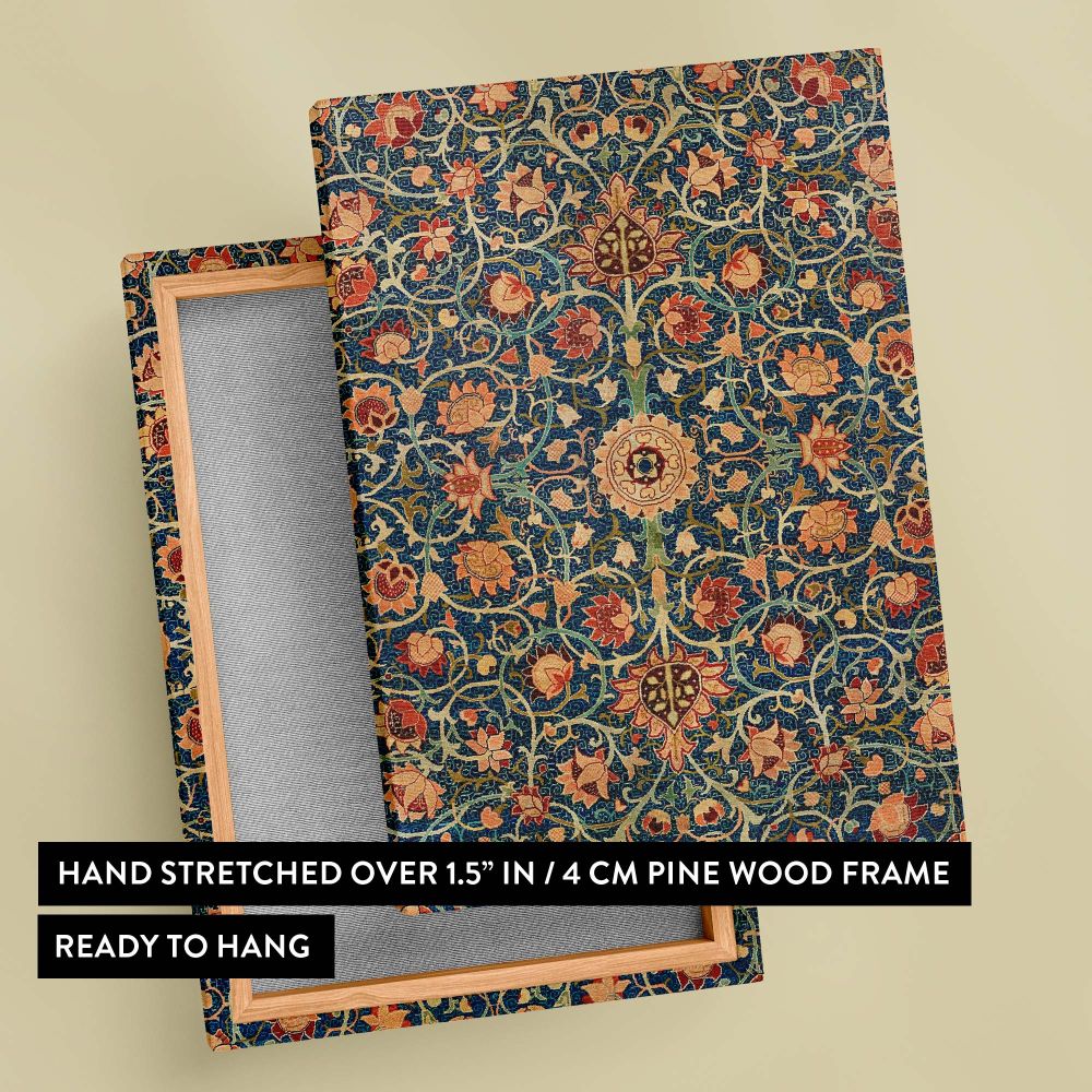 William Morris's iconic Holland Park Carpet pattern with intricate floral designs and vibrant contrasting colors of red, blue, and gold, a timeless art piece bringing vintage elegance and rich artistry into modern home decor arrangements.