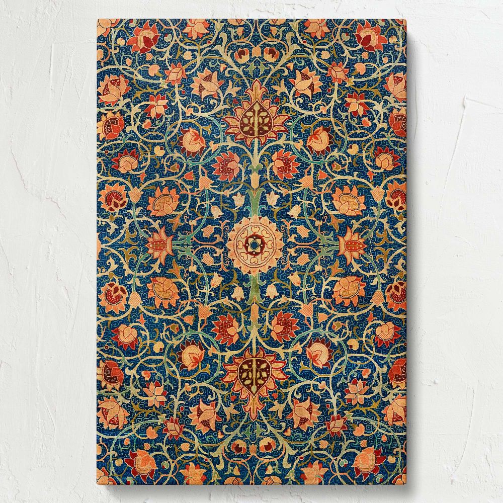 Holland Park Carpet design by William Morris with its complex vine work and floral accents in deep hues of blue, red, and gold, offering a versatile wall art piece that merges Victorian craftsmanship with contemporary interior trends seamlessly.