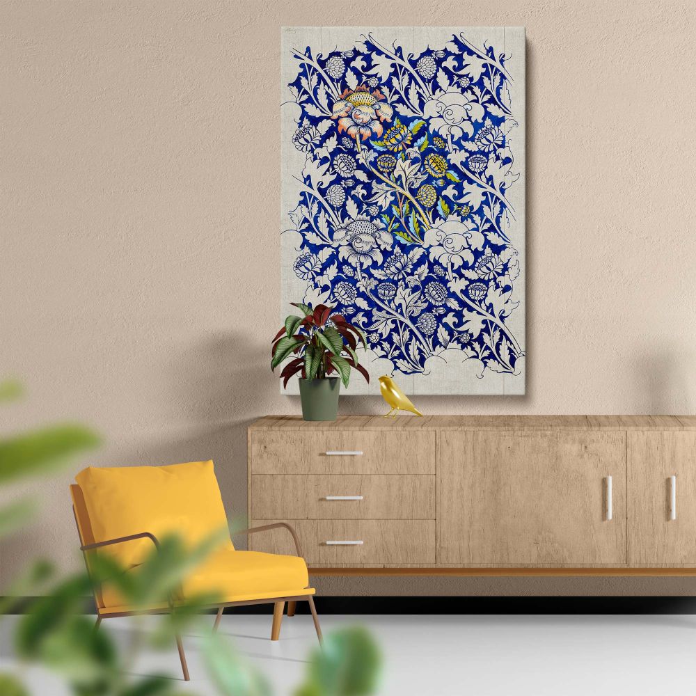 William Morris Wey watercolour design (1882-1883) highlights exquisite blue floral motifs with white detailing, embodying classic vintage charm and artistic craftsmanship, making it an ideal piece for wall decor or printed fabric inspiration.