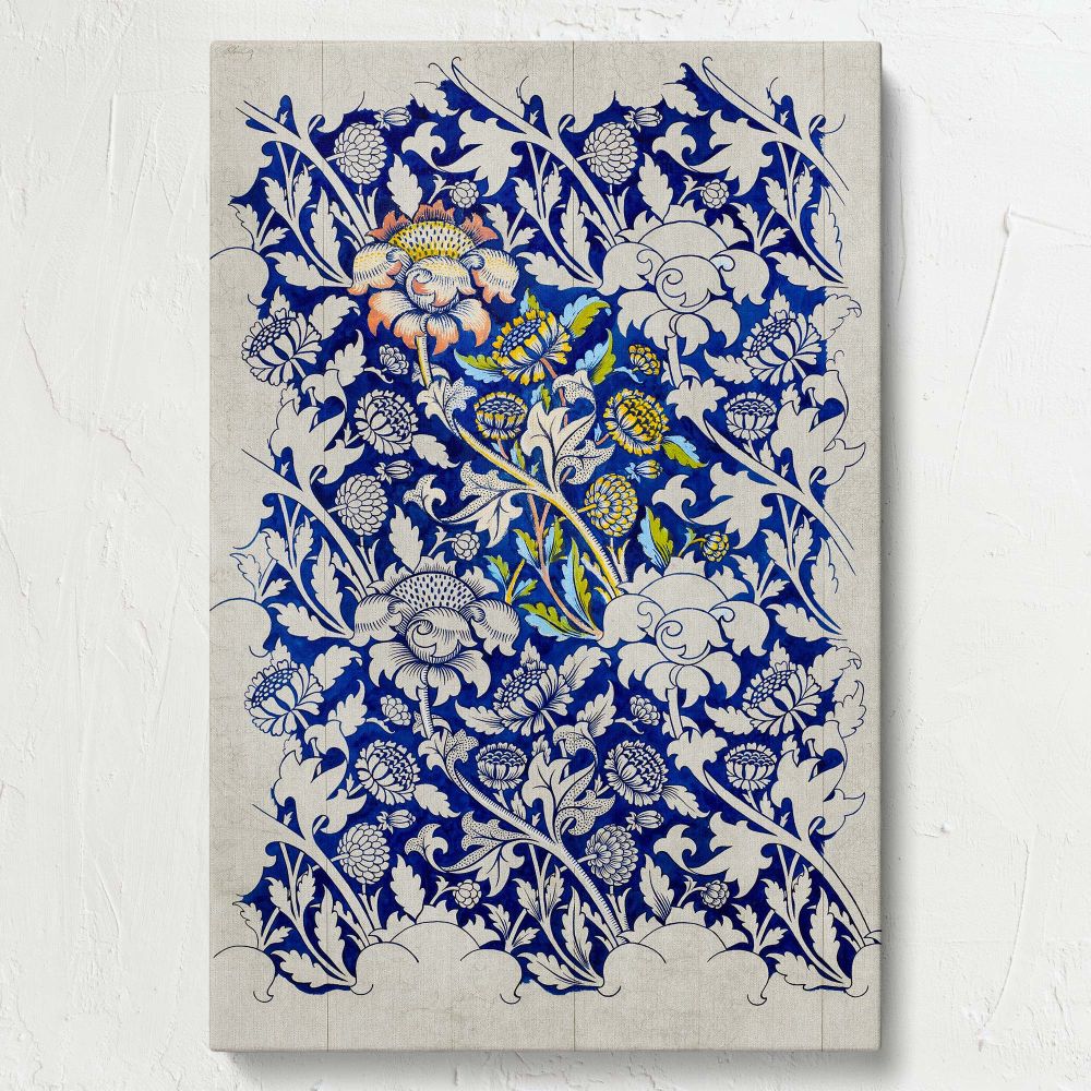 Featuring elegant floral patterns, William Morris's Wey watercolour design (1882-1883) blends bold blue with white highlights, making it a stunning decorative option for vintage-style wall art or textile lovers inspired by the Arts and Crafts era.