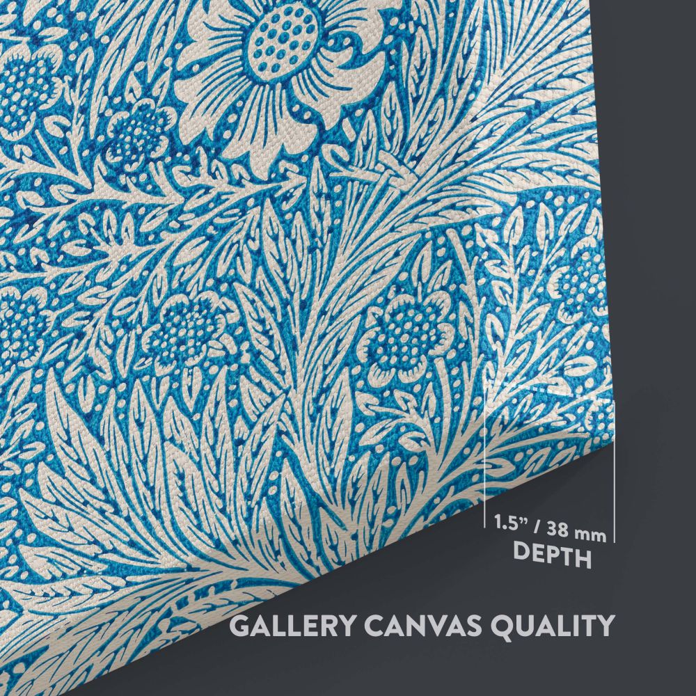Vintage-inspired William Morris Marigold artwork from 1875 displaying a stunning blue and white floral pattern with ornate leaves and flowers, making it an excellent choice for wall art and home decor that celebrates historic craftsmanship and timeless el